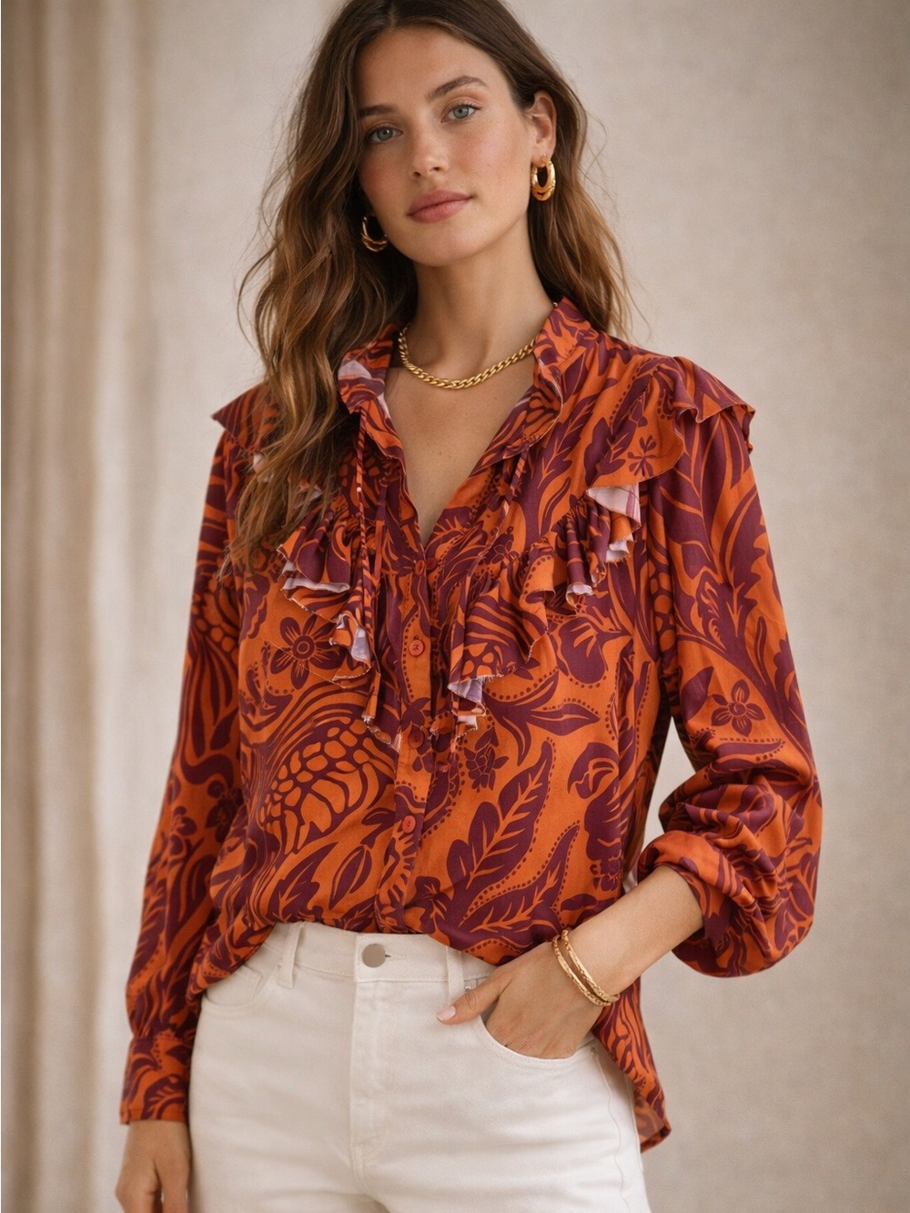 Johanna Ortiz Dreams of Orient Ruffle Bib Blouse Red Orange 4